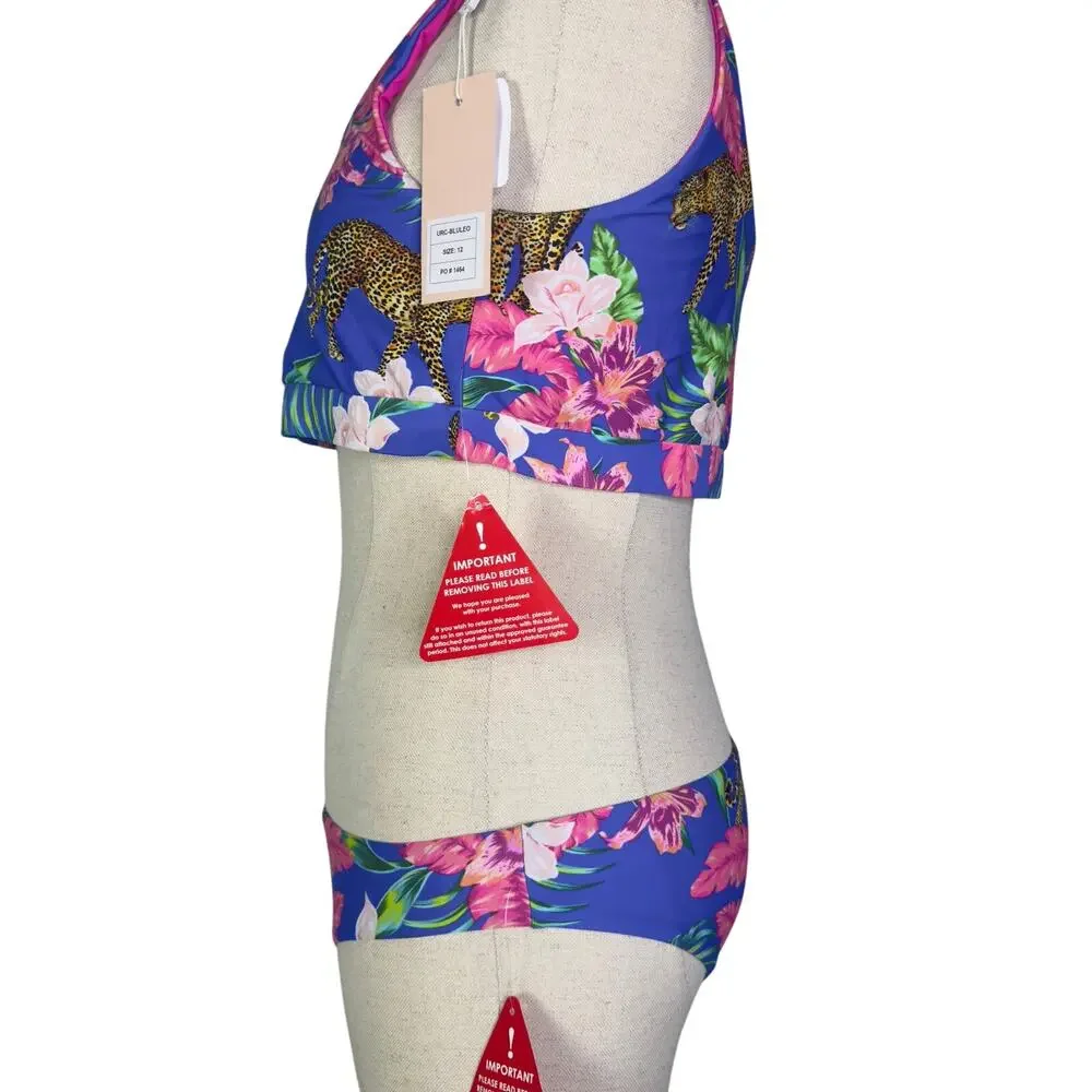 NWT- Dancing Leopard Bikini Top Size 12‎ Bottom Size 8 Blue/Hot Pink